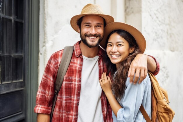 photo happy smiling asian couple tourist traveler standing hugging and looking copy space