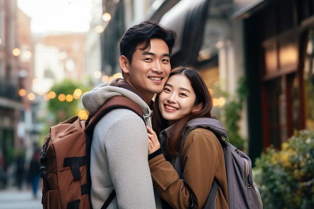Счастливая улыбающаяся азиатская пара фотографирует путешественника-туриста, стоящего в объятиях и смотрящего на пространство копирования.