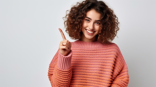 Photo happy smiling beautiful young woman shows a finger in the side generated by ai