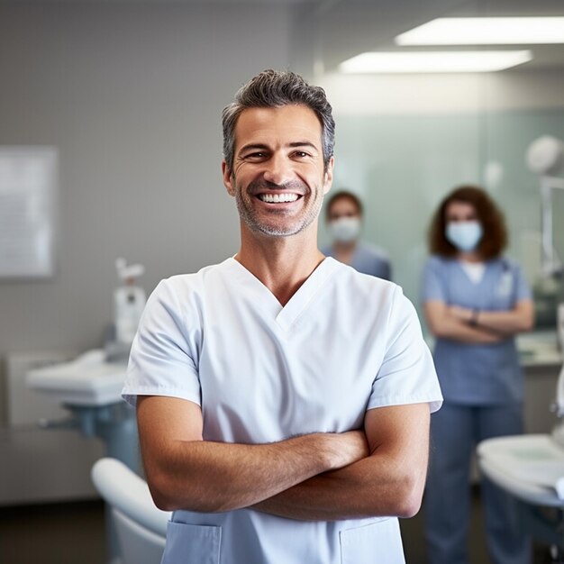 Photo photo of happy and smiling young womanmale dentist in a modern dental office or dental clinic