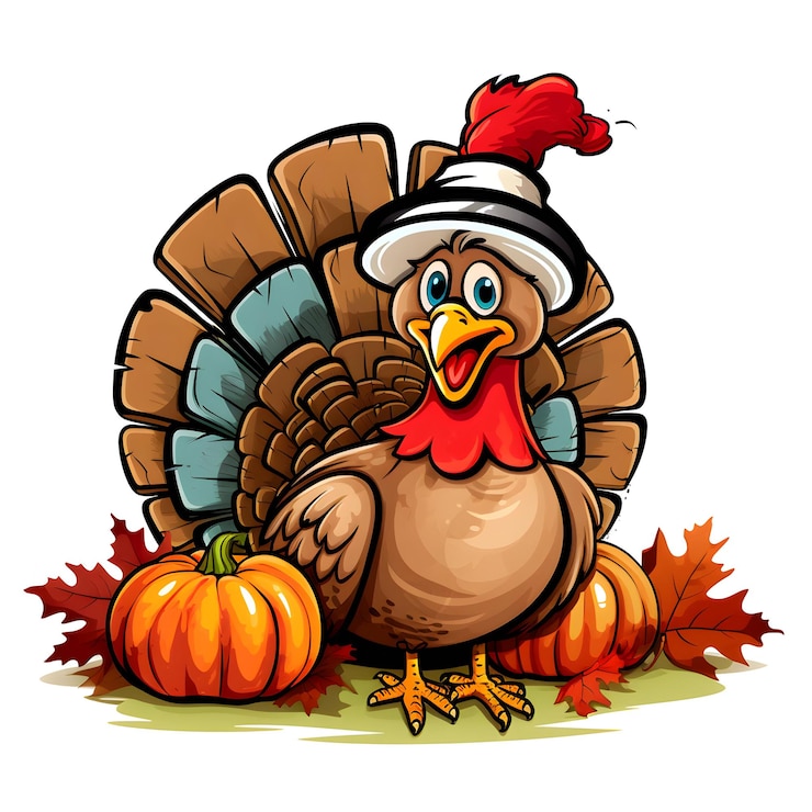 Photo photo happy thanksgiving 3d cartoon illustration pilgrim turkey with pumpkins generative ai