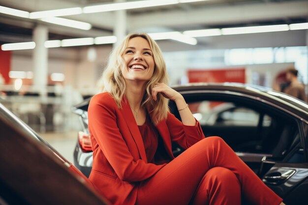 Foto foto di una donna felice in una concessionaria di auto