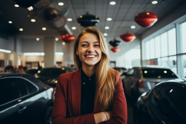 自動車ディーラーでの幸せな女性の写真