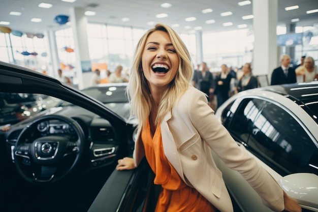 photo happy woman in car dealership