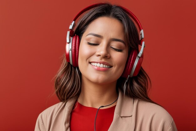 目を閉じて音楽を聴いている幸せな女性の写真