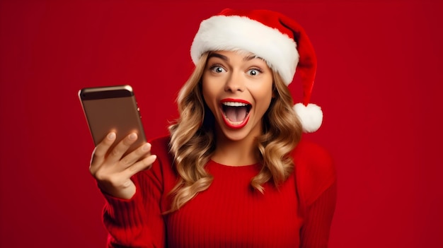 Photo happy woman in red santa claus outfit with mobile phone christmas sale banner concept