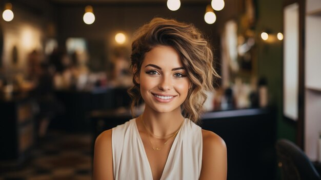 Photo happy woman standing at doorway of her coffee shop generated by AI