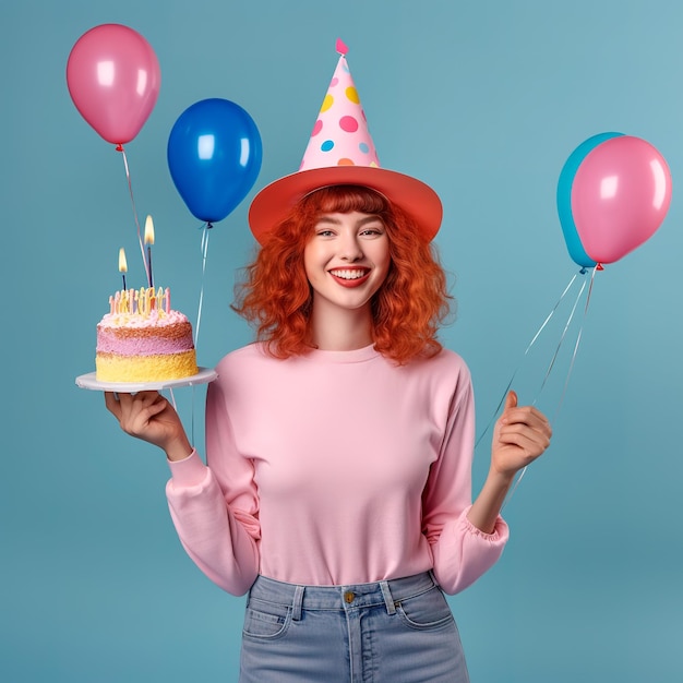 photo happy young woman celebrating birthday wearing party hat