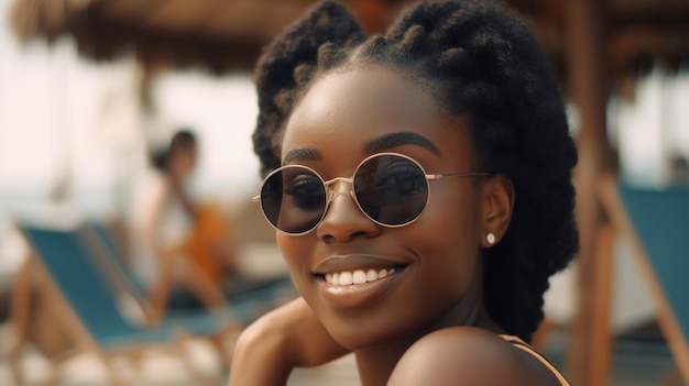 Foto foto della felice giovane donna che si rilassa sulla spiaggia