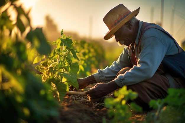 Photo of a hardworking farm laborer in a sunlit field tending to the crops generative ai