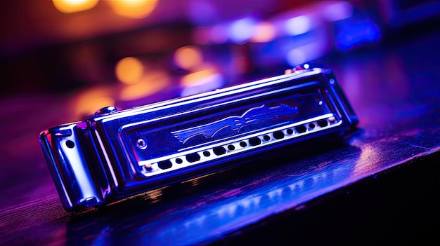 Photo a photo of a harmonica in a blues club with dim blue lighting