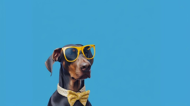 Photo of haughty dog wearing glasses and office suit on blue background