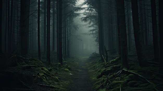 A photo of a haunted forest with a foggy backdrop dim lighting