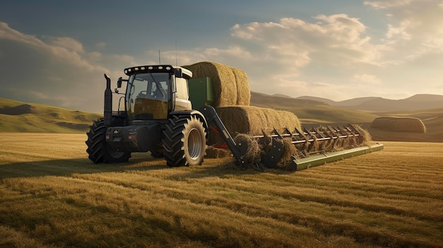 A photo of a hay baler in action in a field