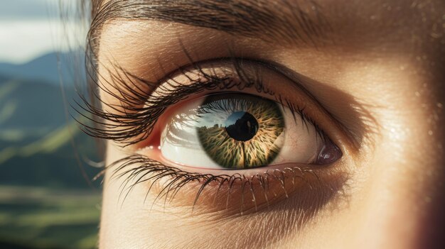 A photo of a hazel eye with a mountain landscape background