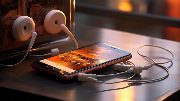 音楽を再生するiPodに接続されたヘッドフォンの写真