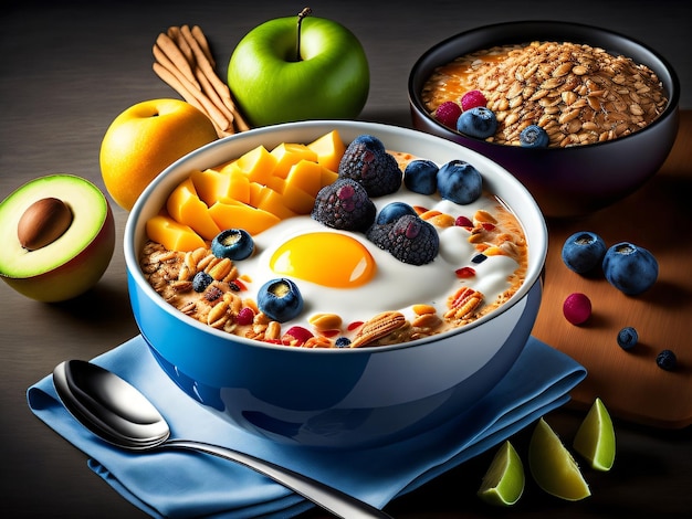 Photo a healthy food in the bowl with spoon on a table