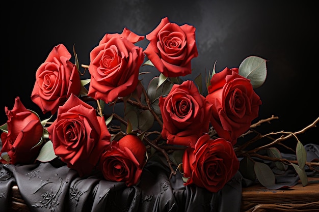 photo heart shape made with roses flower and twig on white background