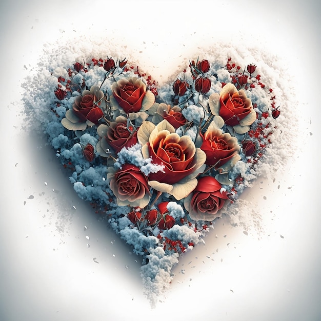 Фото композиция из красных роз в форме сердца на снегу генерация ai