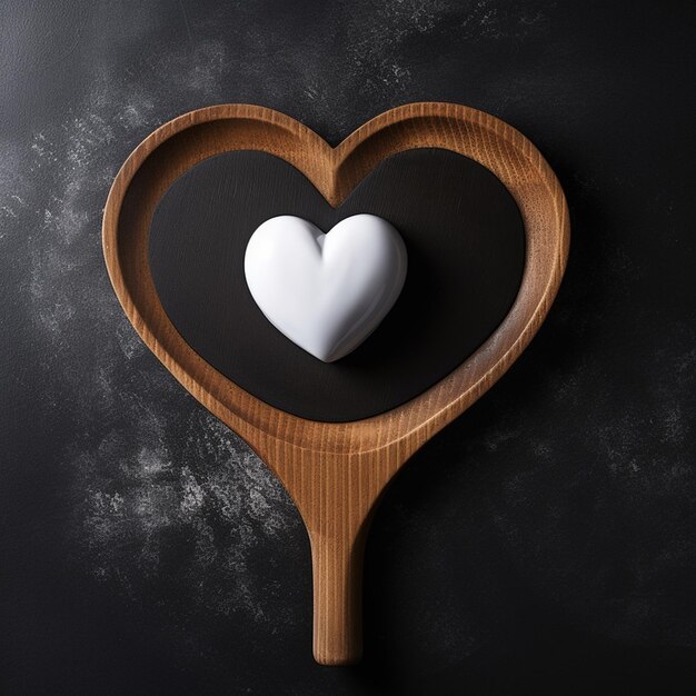 photo heart shaped pan and wooden spoon on black surface