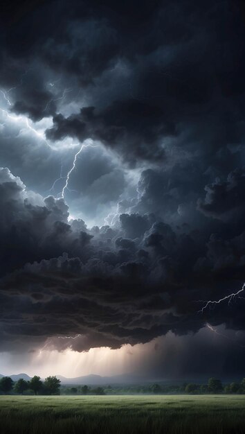 Photo Of Heavy Dark Rain Cloud In Sky With Thunder And Lightning Downpours Tornadoes On A Field