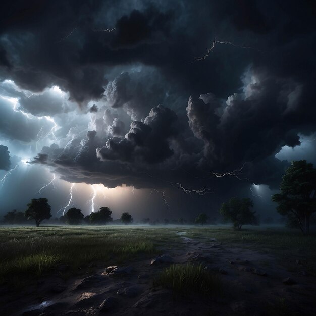 Photo photo of heavy dark rain cloud in sky with thunder and lightning downpours tornadoes on a field