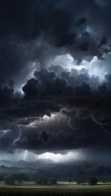 Foto foto di una forte nuvola di pioggia scura nel cielo con tuoni e fulmini che fanno piovere tornado su un campo