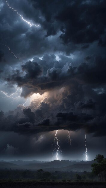 Photo Of Heavy Dark Rain Cloud In Sky With Thunder And Lightning Downpours Tornadoes On A Field