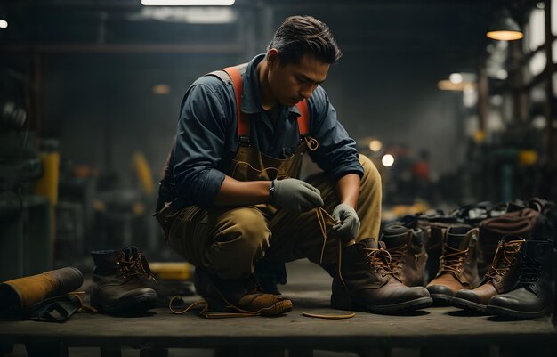 Photo photo heavy industry worker tying shoelace on his work shoes