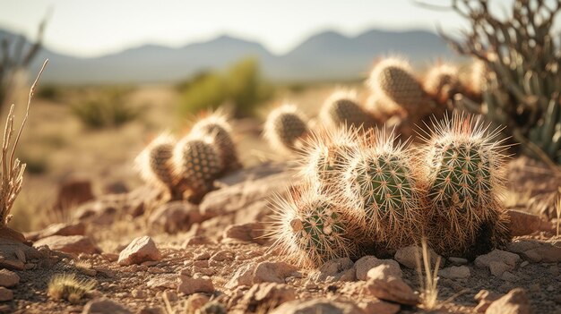 A photo of a hedgehog cactus arid landscape backdrop