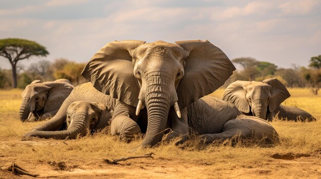 Photo of a herd of elephant resting in an open area on the savanna