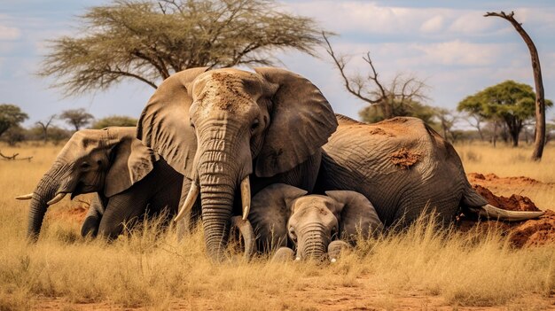 Photo of a herd of elephant resting in an open area on the savanna