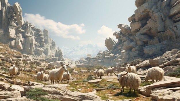 A photo of a herd of goats grazing in a rocky land