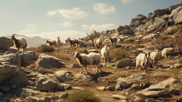 A photo of a herd of goats grazing in a rocky land