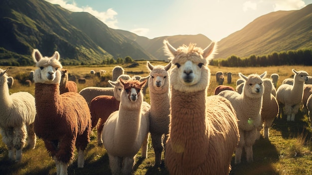 A photo of a herd of grazing alpacas in a pasture