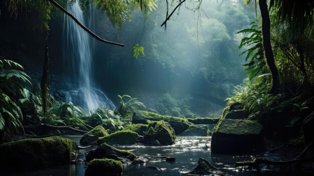 A photo of a hidden waterfall in a misty forest soft natural light