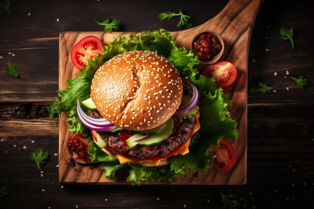 高角度の写真 ⁇ 木製のボード上の美味しいハンバーガー