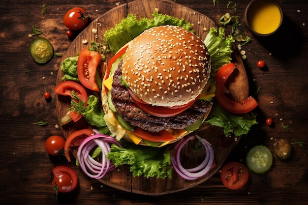 photo high angle delicious burger on wooden board