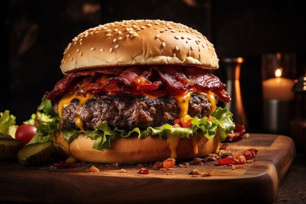 photo high angle delicious burger on wooden board