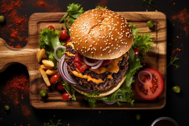 photo high angle delicious burger on wooden board