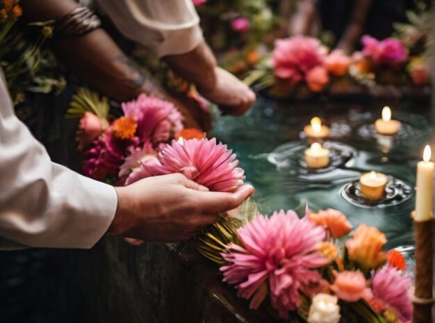 Photo high angle view of people hand in water with flowers palmsunday ritual