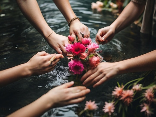 花を手に水を入れた人々の高角度の写真 パームサンデー儀式