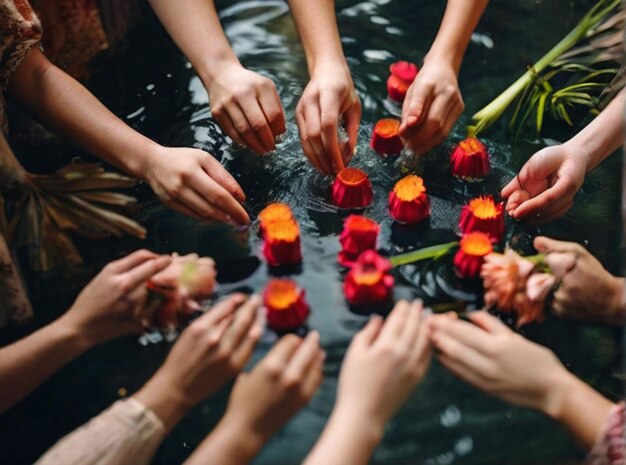 Photo photo high angle view of people hand in water with flowers palmsunday ritual