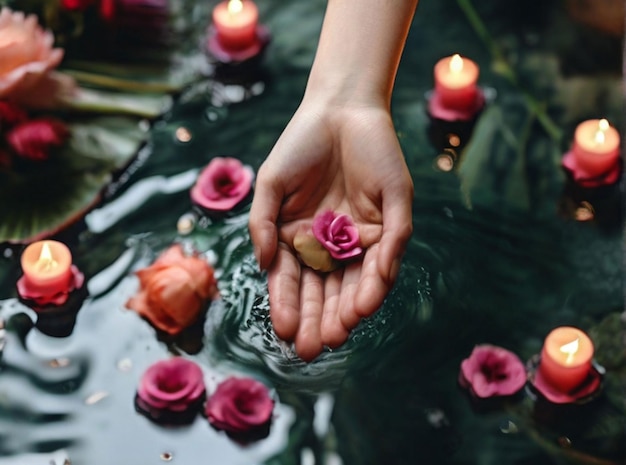 Photo photo high angle view of people hand in water with flowers palmsunday ritual