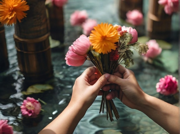 Photo high angle view of people hand in water with flowers palmsunday ritual