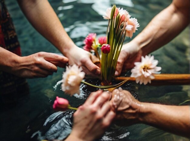 Photo high angle view of people hand in water with flowers palmsunday ritual