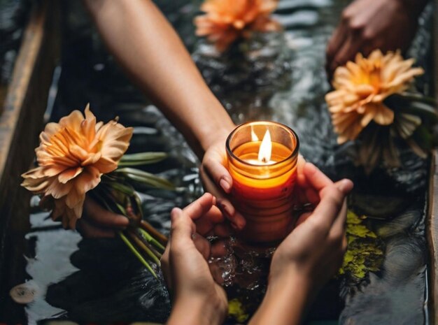 Photo photo high angle view of people hand in water with flowers palmsunday ritual