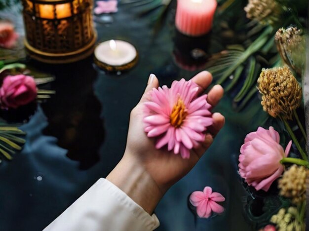 Photo high angle view of people hand in water with flowers palmsunday ritual