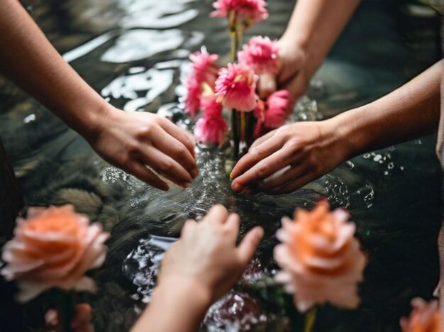 Photo high angle view of people hand in water with flowers palmsunday ritual