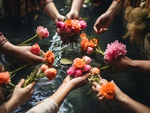 Photo photo high angle view of people hand in water with flowers palmsunday ritual